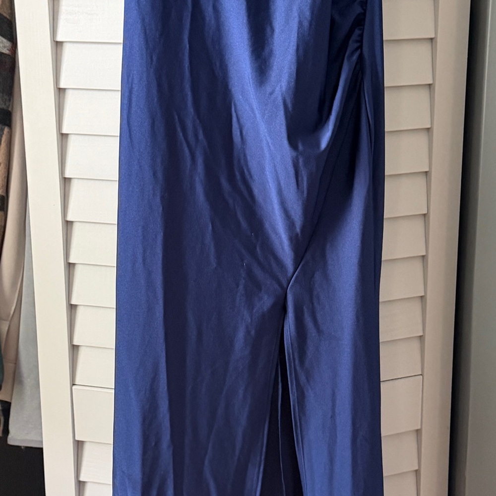 Navy Blue Satin Maxi Dress with Front Slit